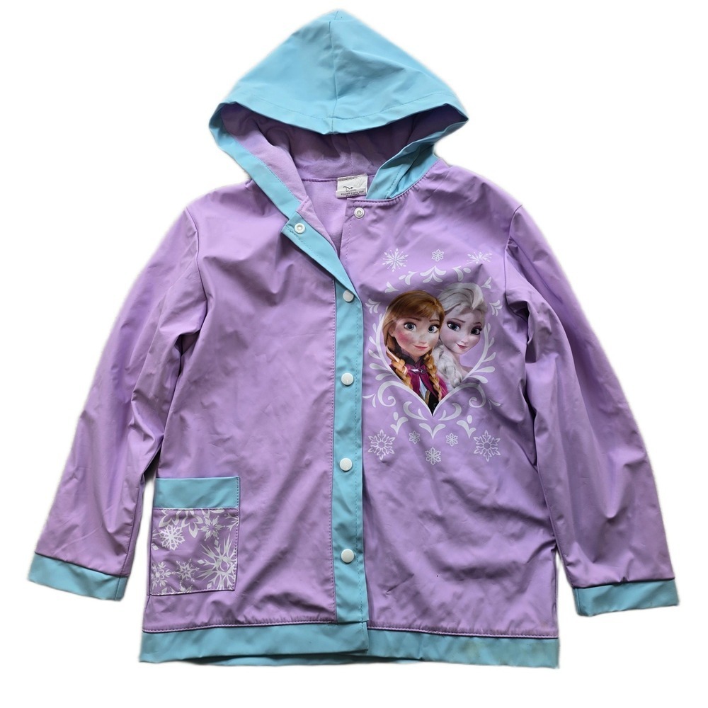 Disney Frozen Rain‎ Jacket Girls 5-6 Purple Blue Hooded Anna Elsa Raincoat
